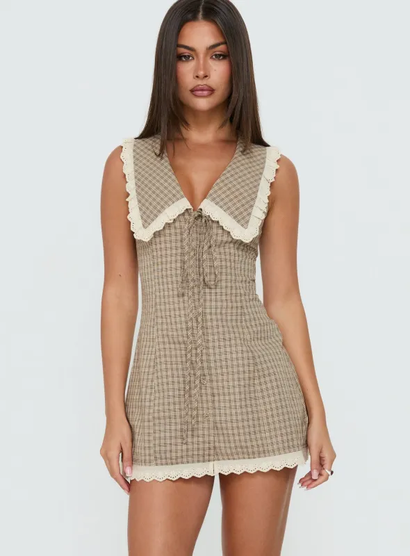 Mayci Collared Lace Trim Romper Brown Check made by Princess Polly