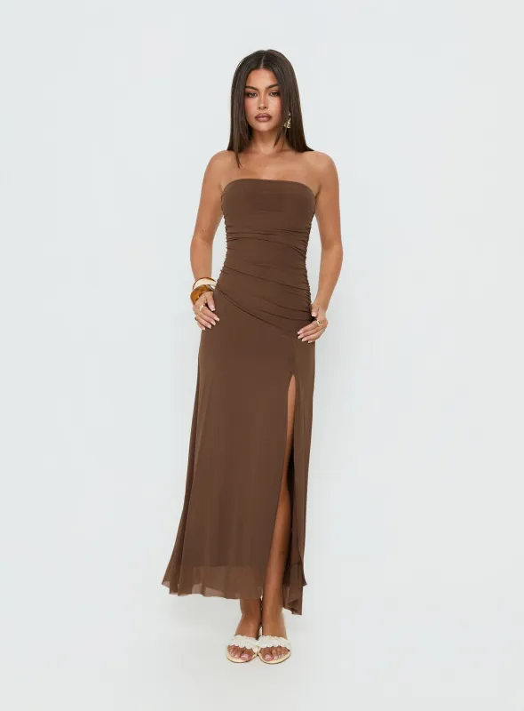 Brigida Strapless Maxi Dress Mocha made by Princess Polly