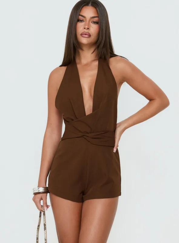 Dolana Halter Playsuit Chocolate made by Princess Polly
