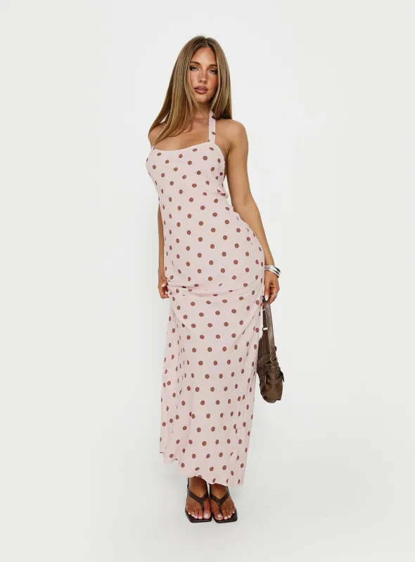 Picante Bias Cross Back Maxi Dress Pink Polka made by Princess Polly