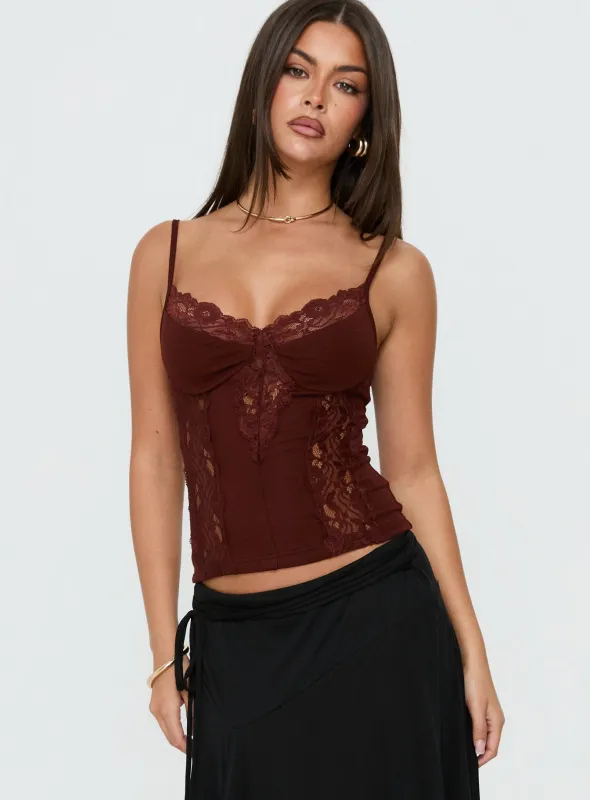 Rhiara Lace Trim Top Dark Terracotta made by Princess Polly