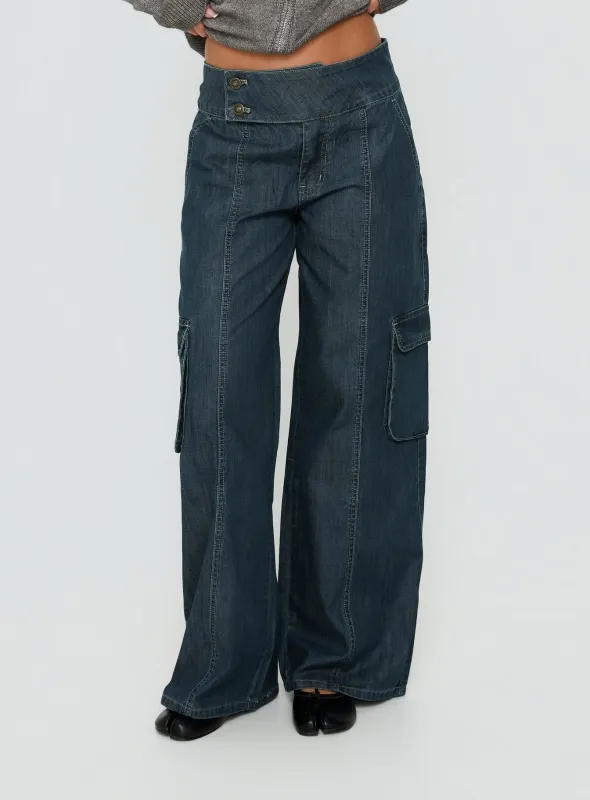 Nikoletta Mid Rise Wide Leg Cargo Jeans Dark Blue Wash made by Princess Polly