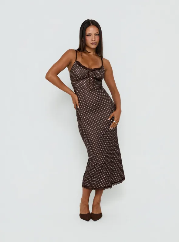 Delaney V Neck Frill Midi Dress Brown / Pink Polka Dot made by Princess Polly