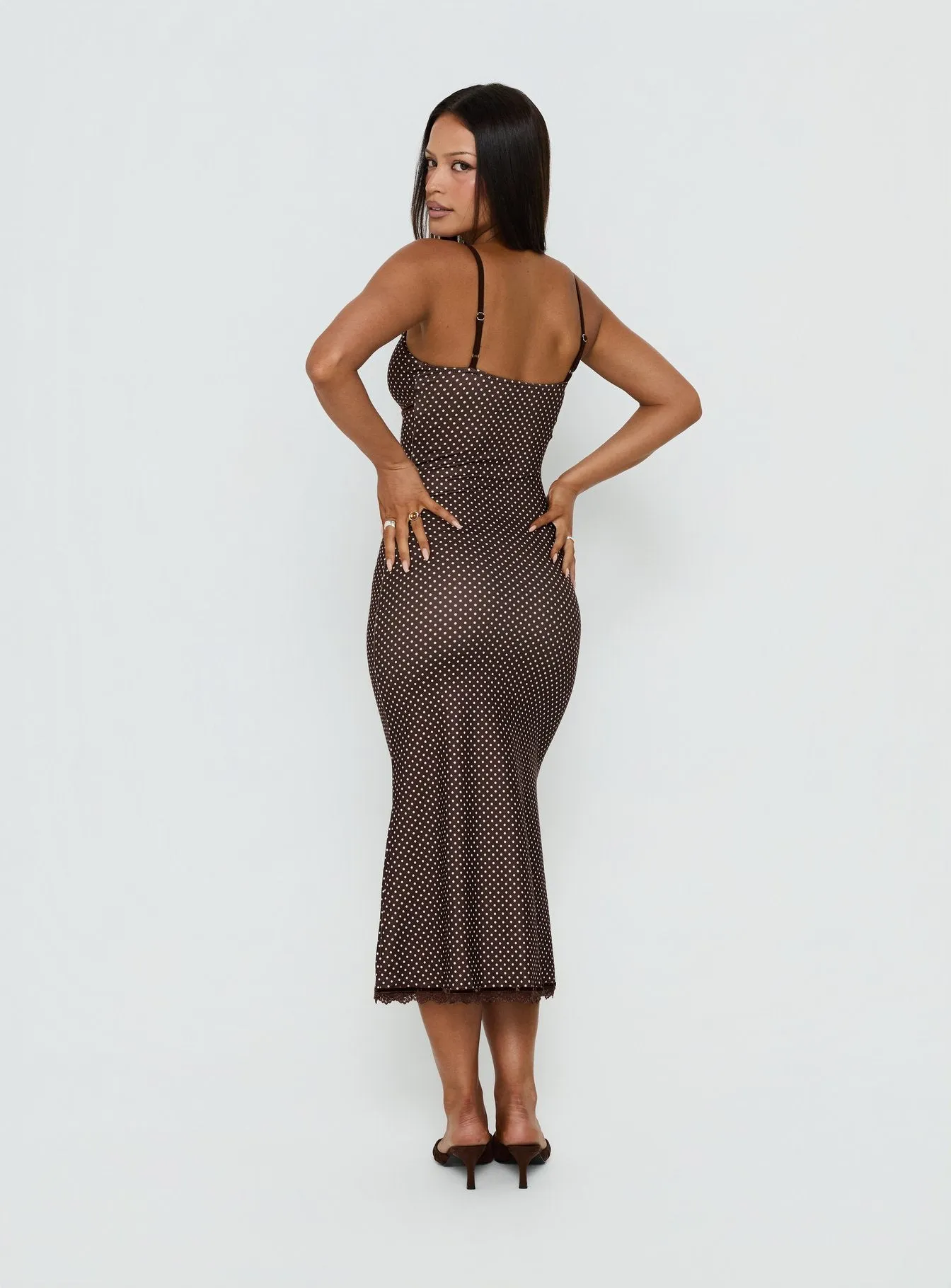 Delaney V Neck Frill Midi Dress Brown / Pink Polka Dot sold by Princess Polly product image thumbnail 4