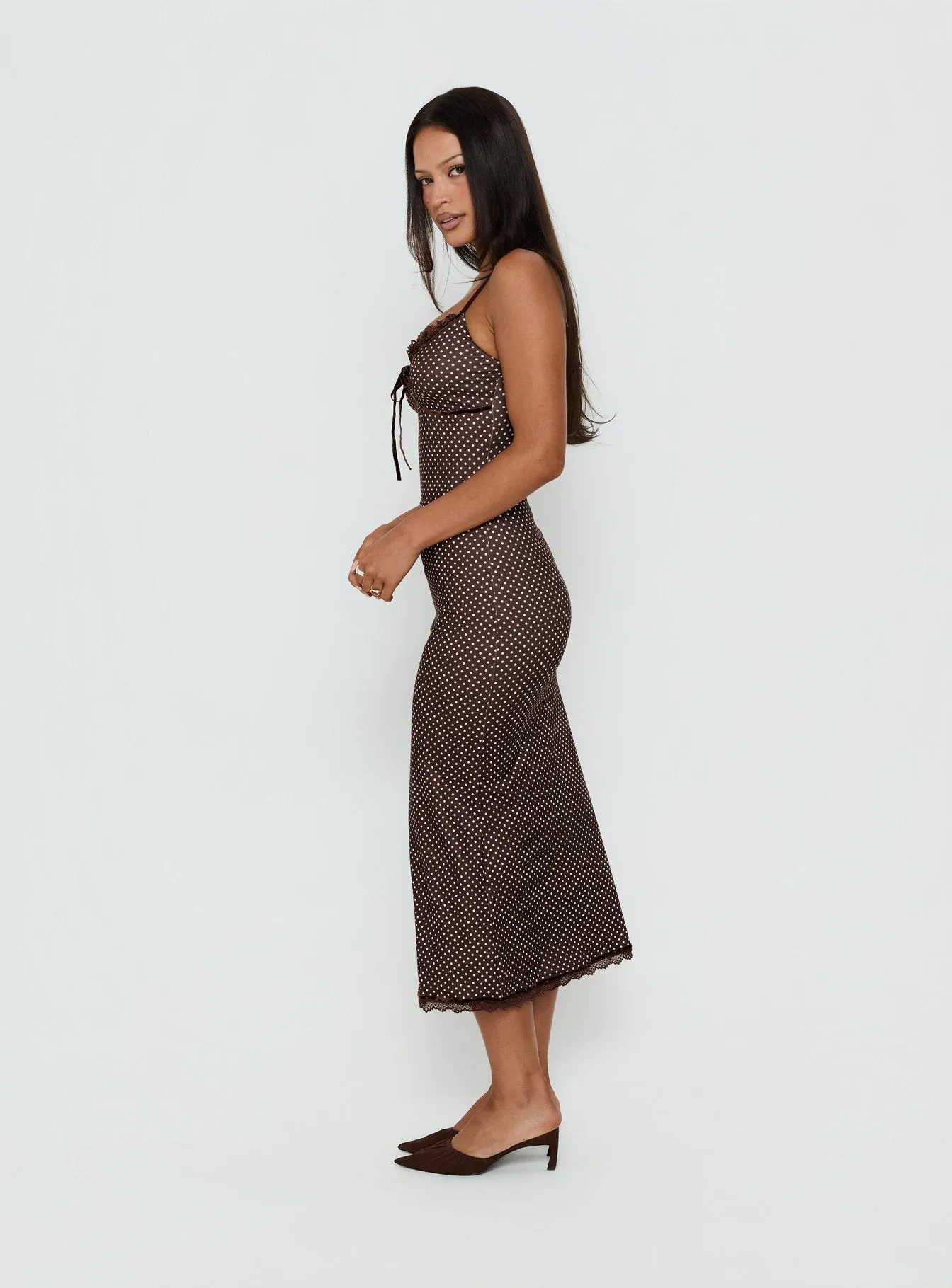 Delaney V Neck Frill Midi Dress Brown / Pink Polka Dot sold by Princess Polly product image thumbnail 3