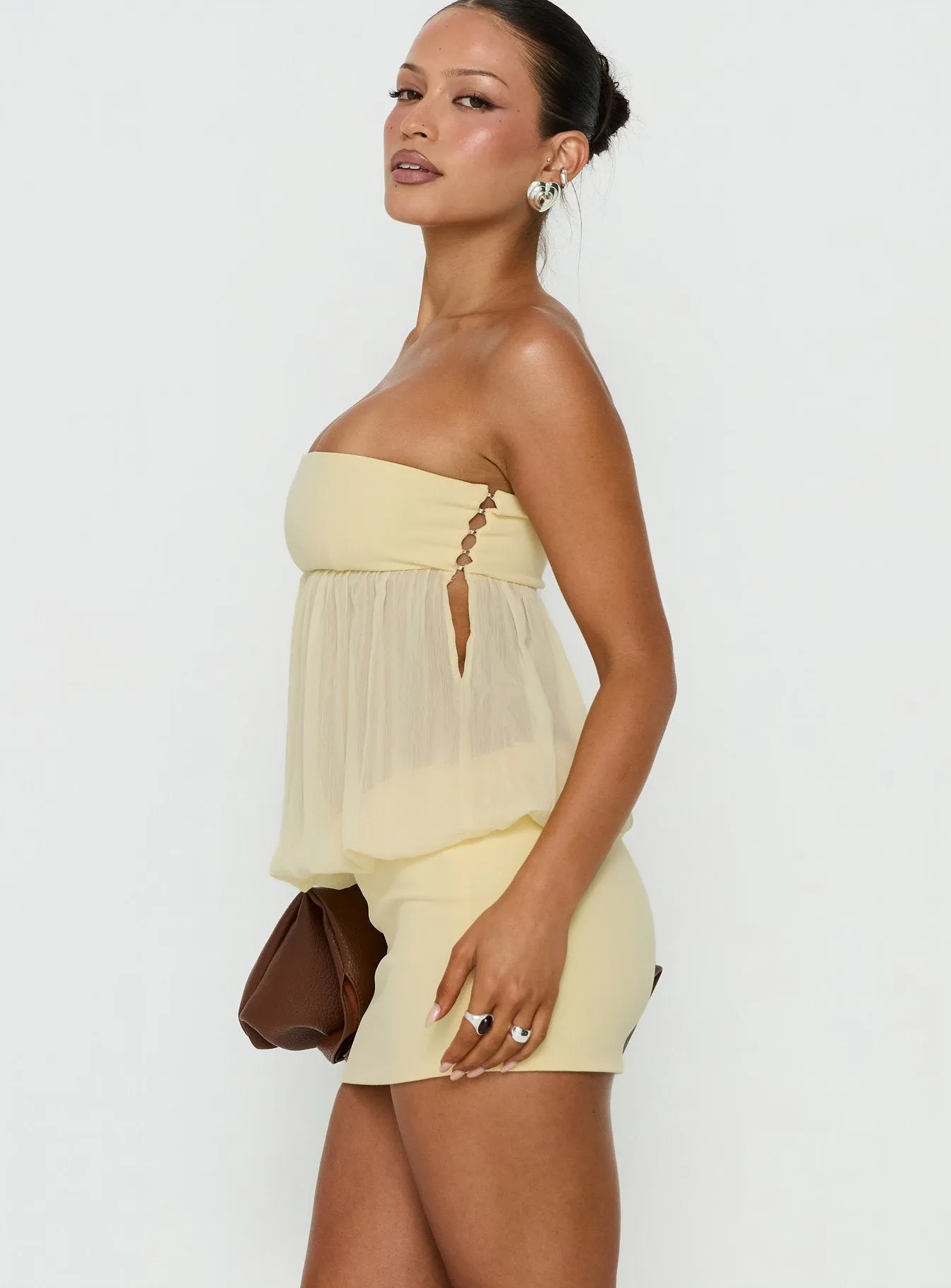 Howland Strapless Sheer Blouson Mini Dress Yellow sold by Princess Polly product image thumbnail 4
