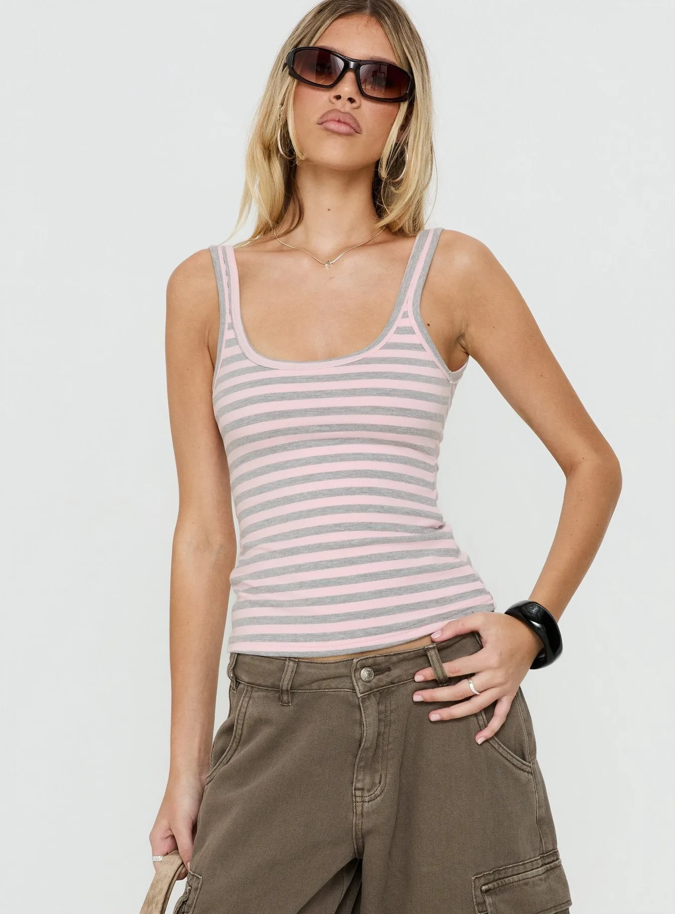 Keep It Light Low Back Tank Top Pink / Grey Stripe sold by Princess Polly product image thumbnail 2
