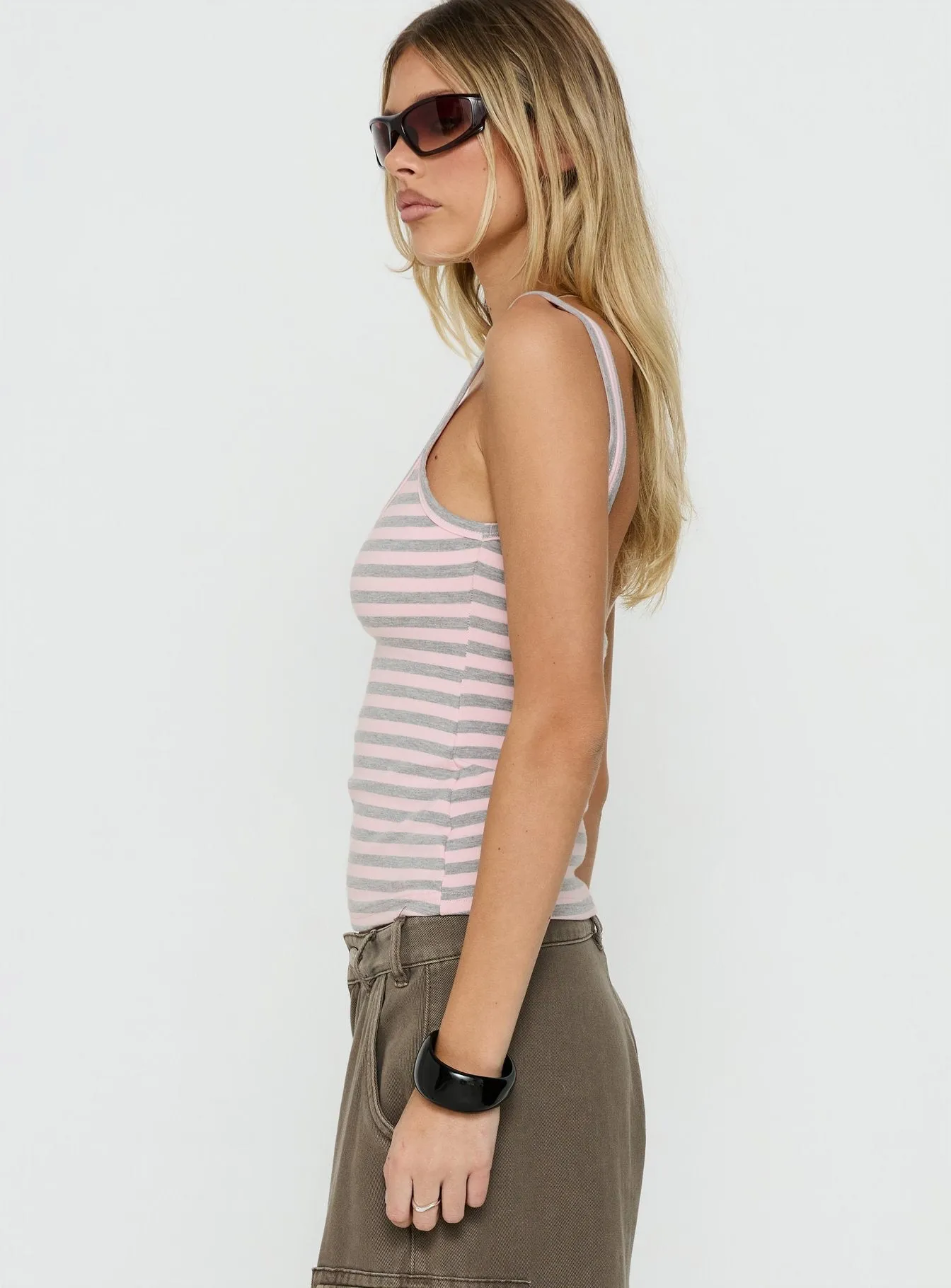 Keep It Light Low Back Tank Top Pink / Grey Stripe sold by Princess Polly product image thumbnail 4