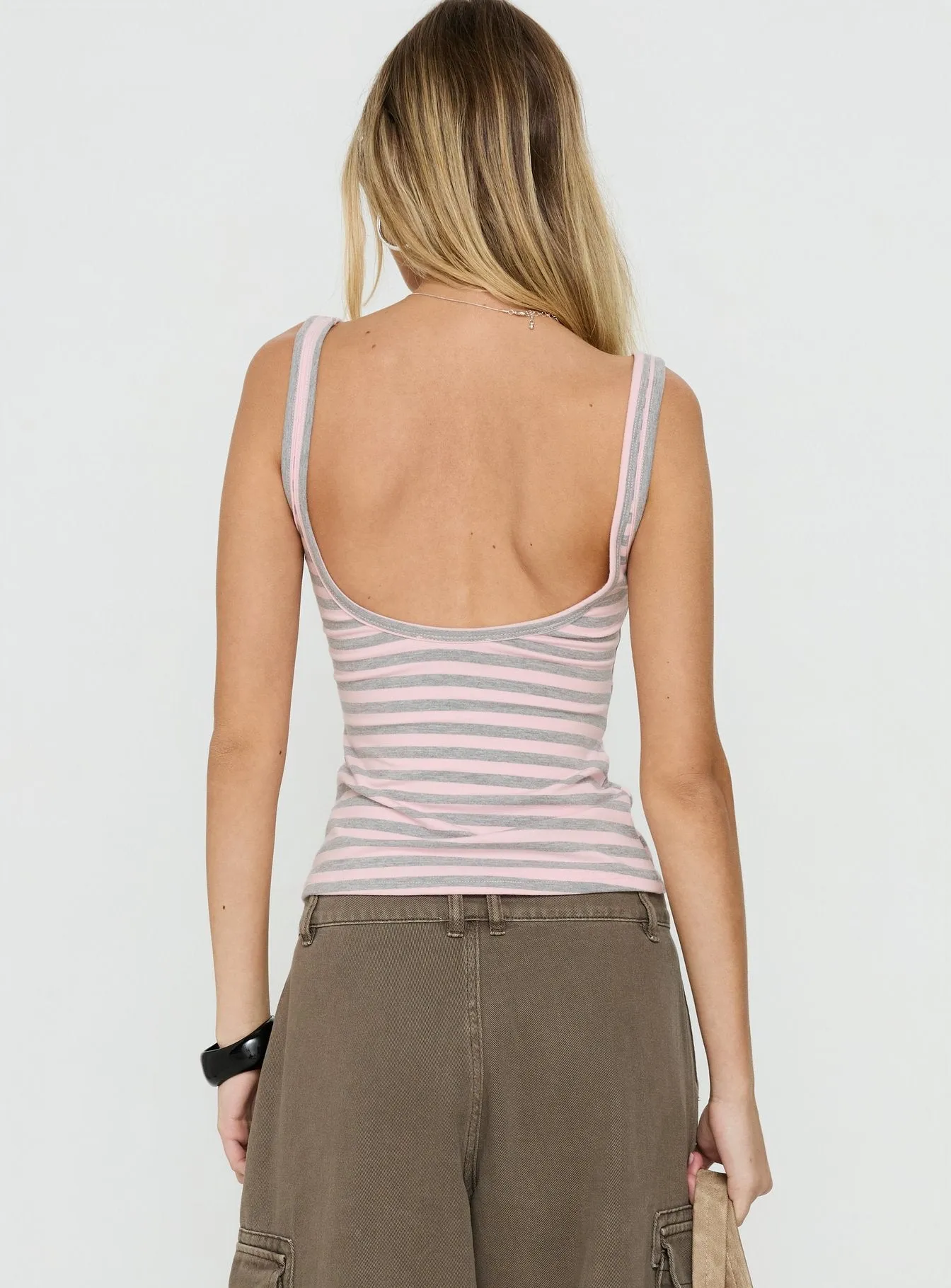Keep It Light Low Back Tank Top Pink / Grey Stripe sold by Princess Polly product image thumbnail 5
