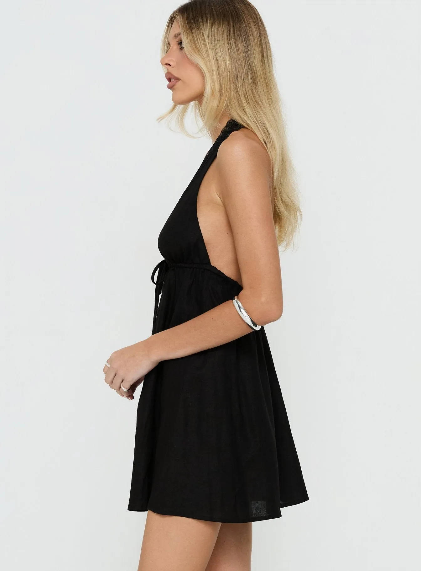 Easy Going Button Detail Halter Linen Mini Dress Black sold by Princess Polly product image thumbnail 4