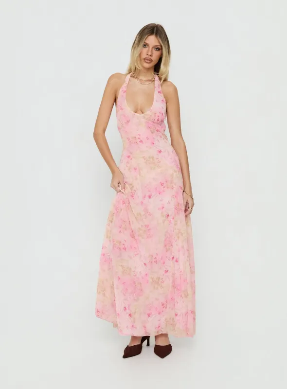 Dandelions Halter Maxi Dress Pink Floral made by Princess Polly