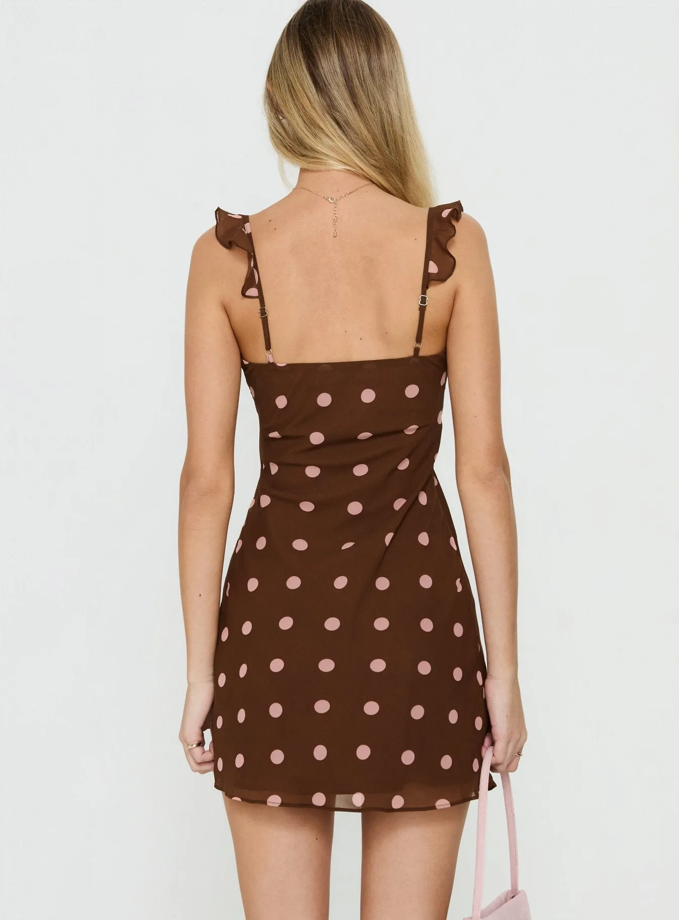 Lozie Frill V Neck Mini Dress Brown Polka Dot sold by Princess Polly product image thumbnail 5
