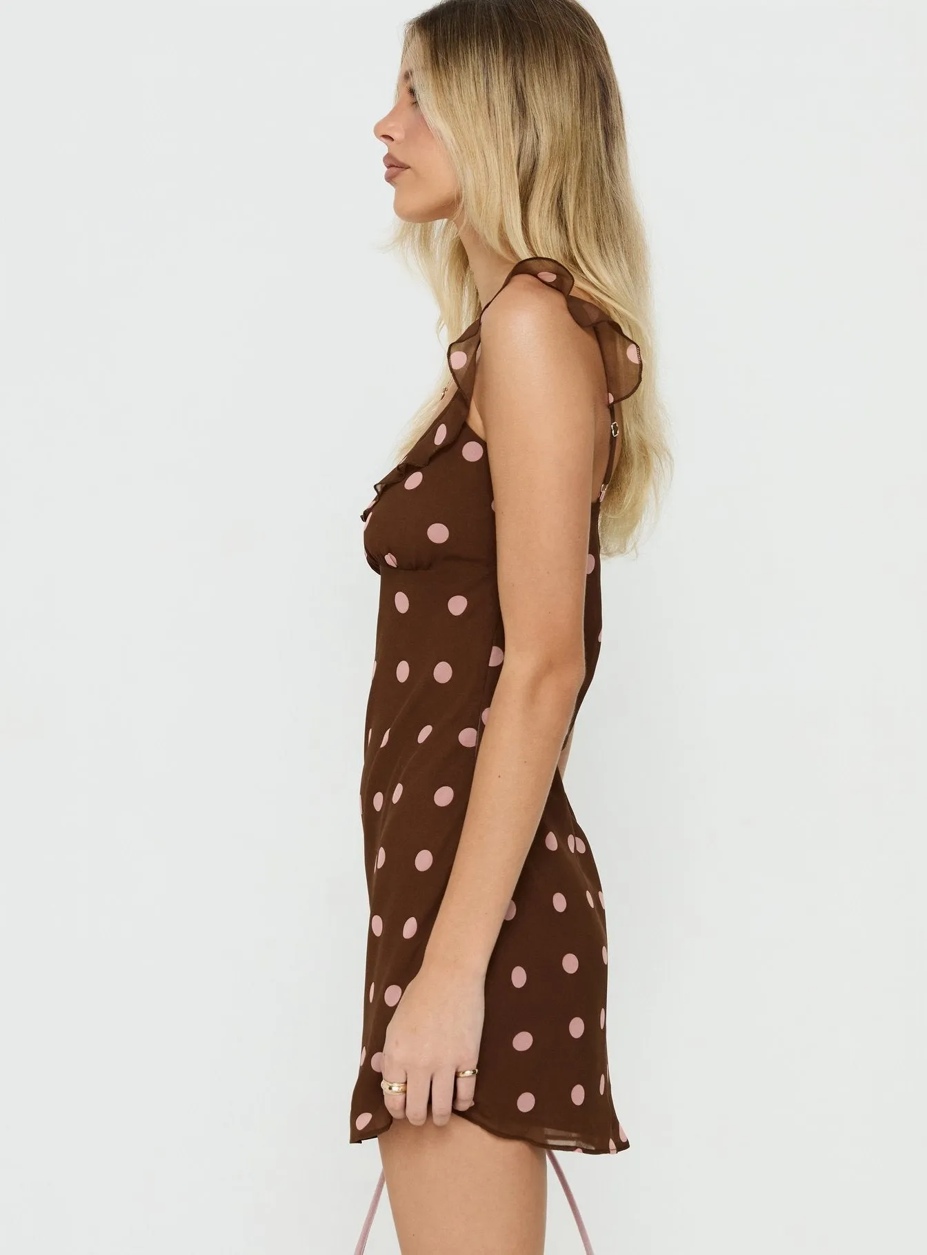 Lozie Frill V Neck Mini Dress Brown Polka Dot sold by Princess Polly product image thumbnail 4