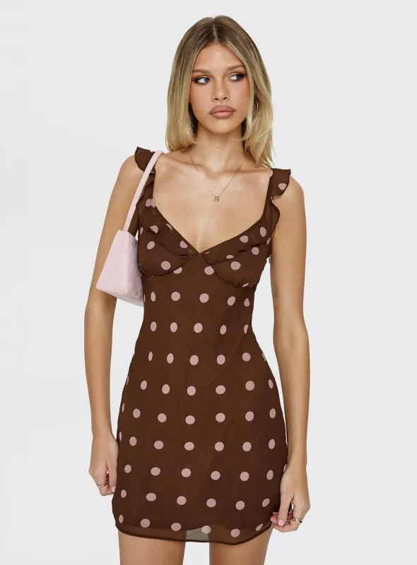 Lozie Frill V Neck Mini Dress Brown Polka Dot made by Princess Polly