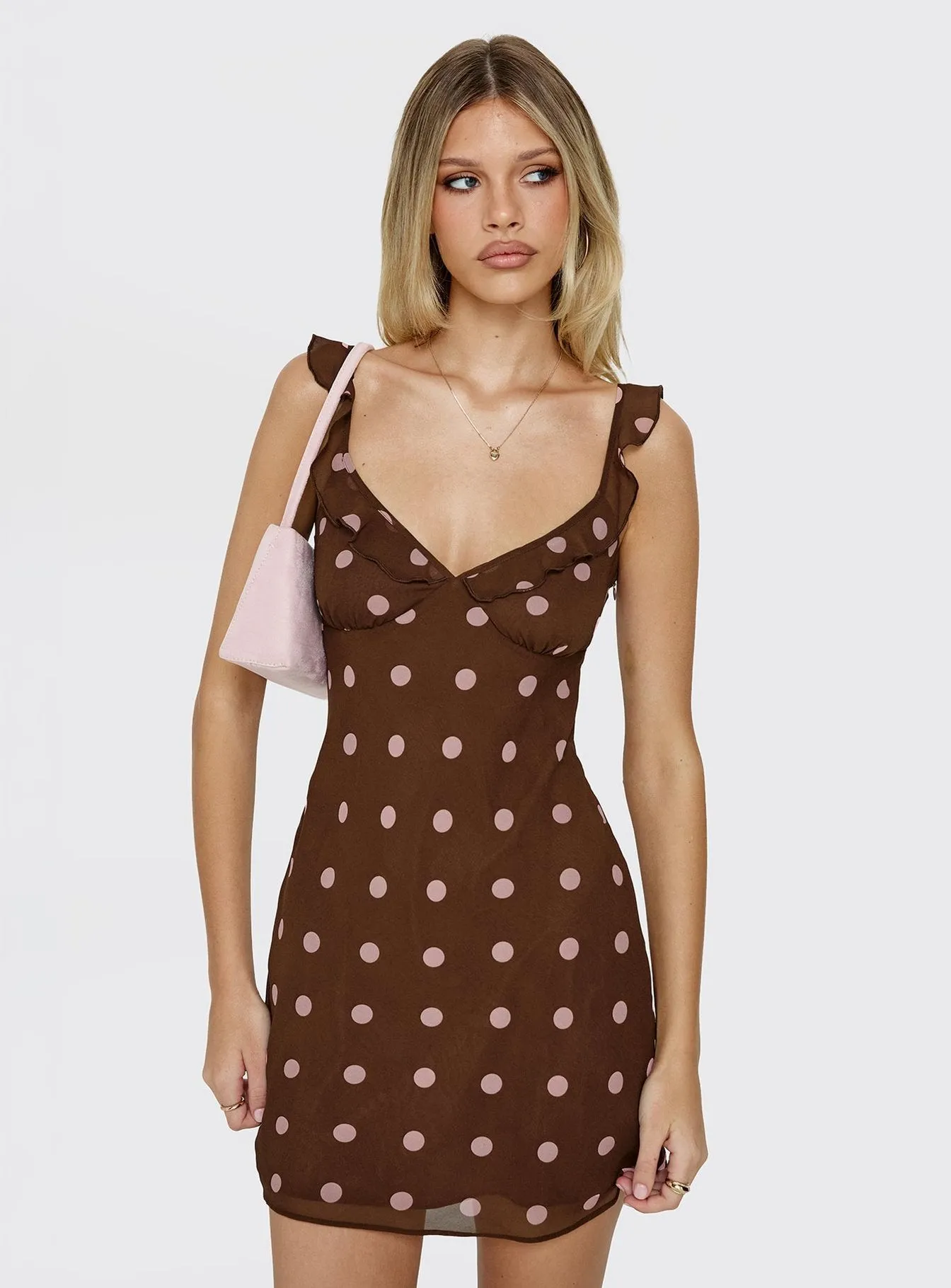 Lozie Frill V Neck Mini Dress Brown Polka Dot sold by Princess Polly