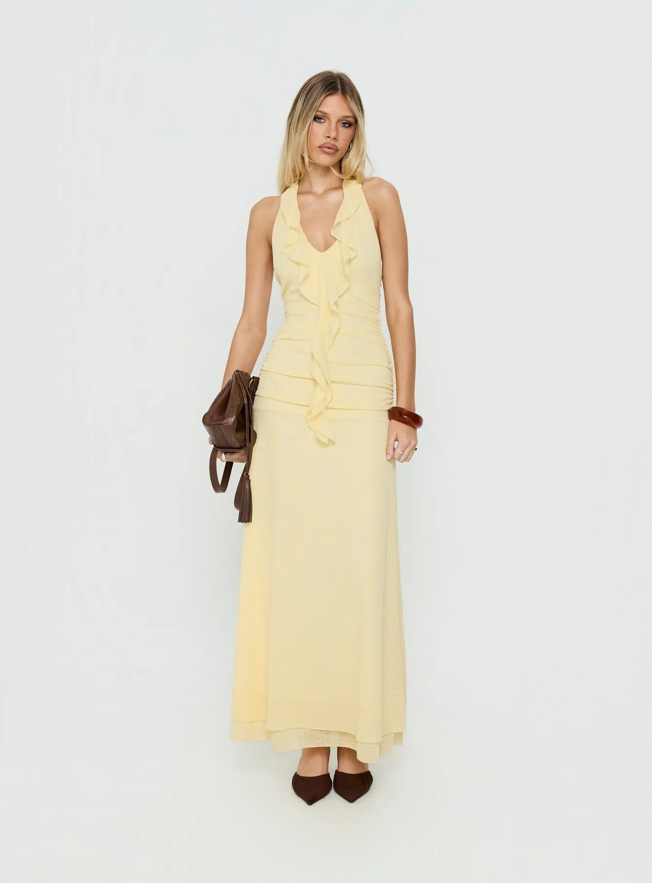 Leyda Plunge Frill Maxi Dress Yellow sold by Princess Polly product image thumbnail 2