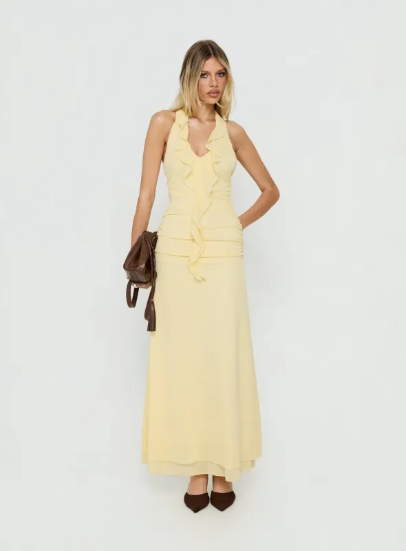Leyda Plunge Frill Maxi Dress Yellow made by Princess Polly
