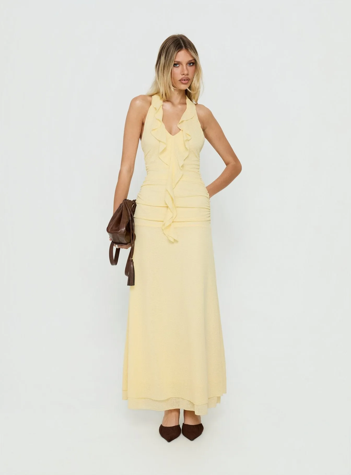 Leyda Plunge Frill Maxi Dress Yellow sold by Princess Polly