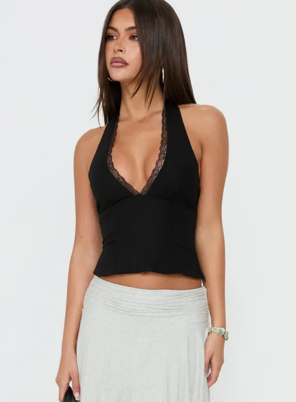 No Pressure Lace Trim Halter Top Black made by Princess Polly