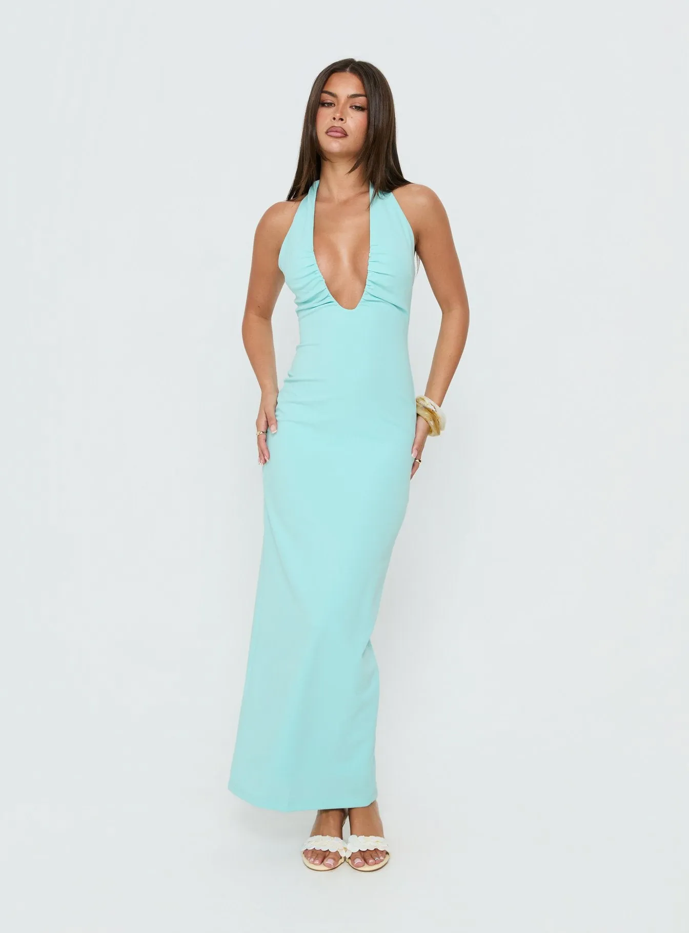 Soft Storm Plunge Halter Maxi Dress Turquoise sold by Princess Polly product image thumbnail 2