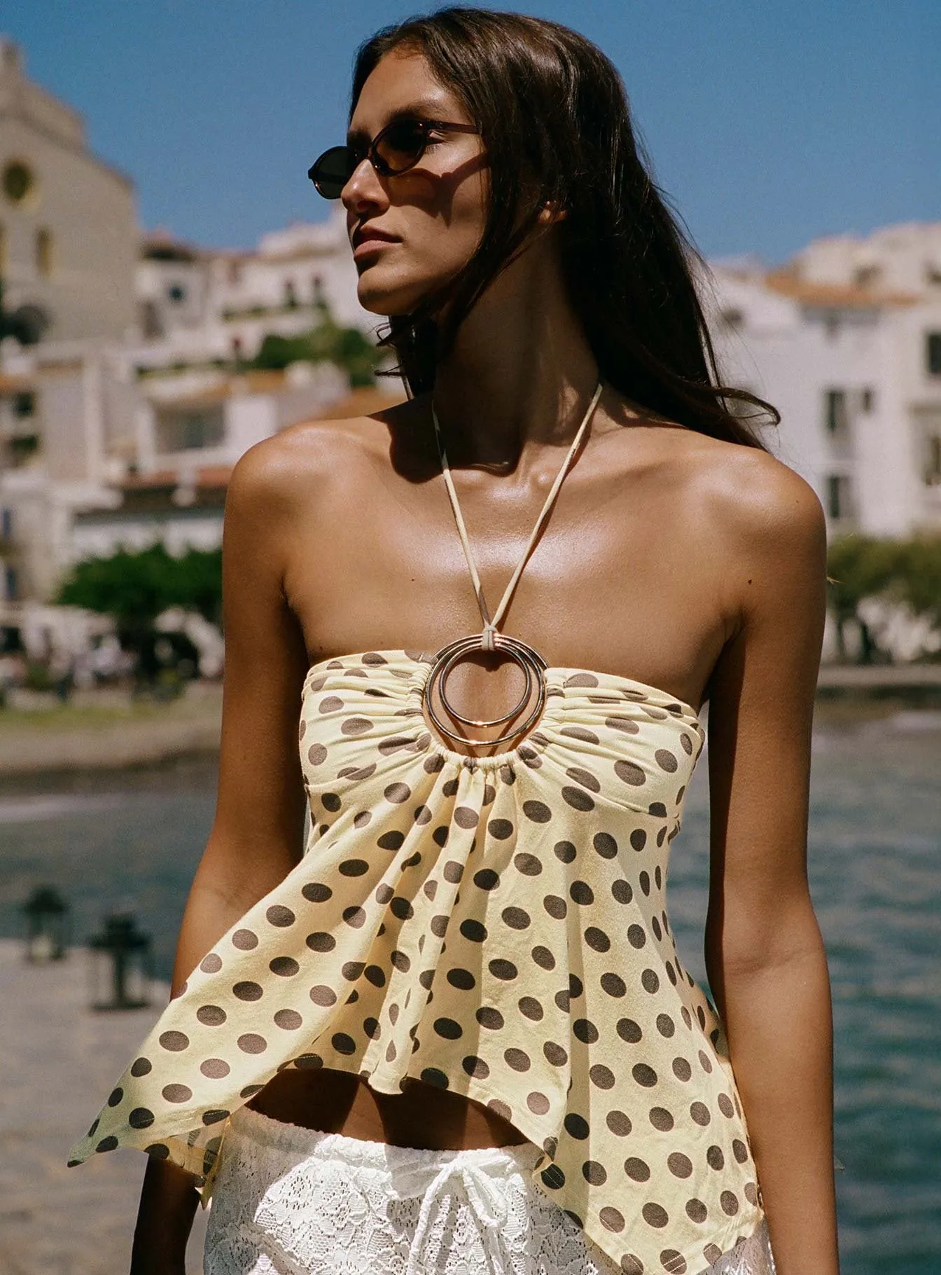 Betsey Ring Detail Tie Neck Top Yellow Polka Dot sold by Princess Polly