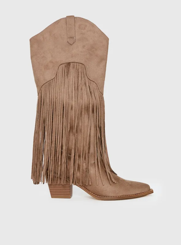 Like An Angel Faux Suede Tassel Knee High Boots Tan made by Princess Polly