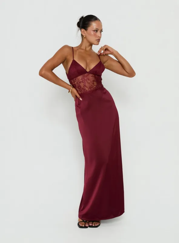 Lusta Plunge Lace Maxi Dress Cherry made by Princess Polly