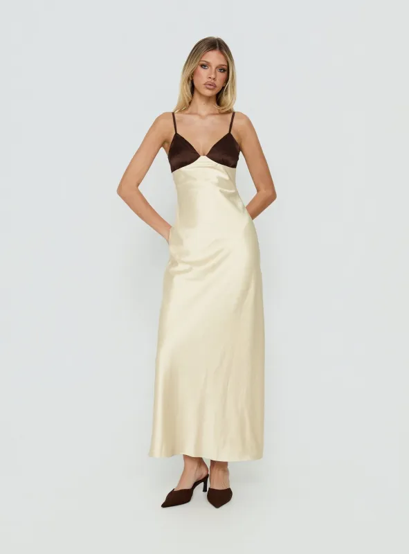 Odyessa V Neck Maxi Dress Brown / Yellow made by Princess Polly
