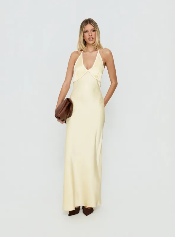 Esmia Halter Maxi Dress Lemon / White made by Princess Polly