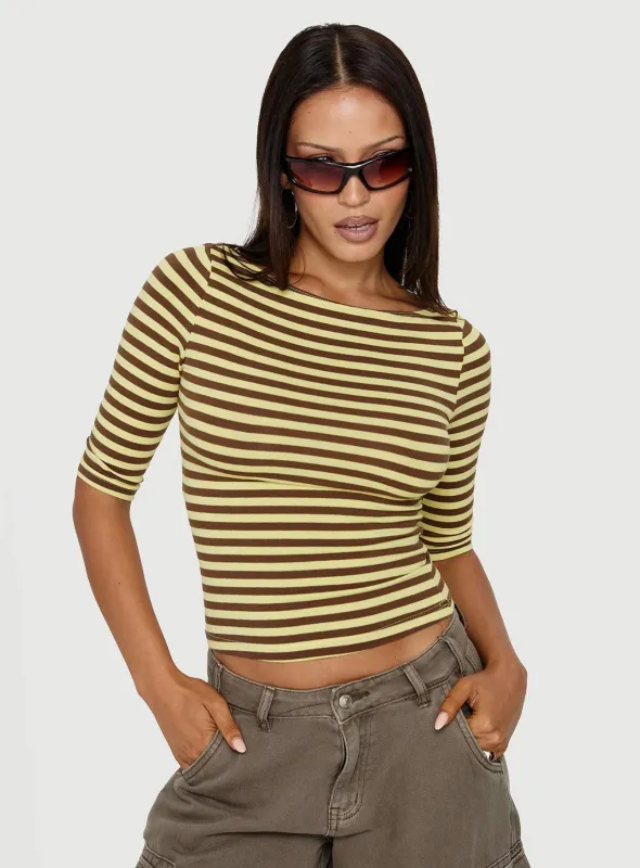 Darling Days 3/4 Sleeve Top Chocolate / Yellow Stripe made by Princess Polly