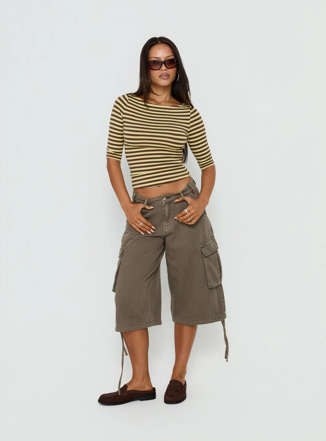 Darling Days 3/4 Sleeve Top Chocolate / Yellow Stripe sold by Princess Polly product image thumbnail 3