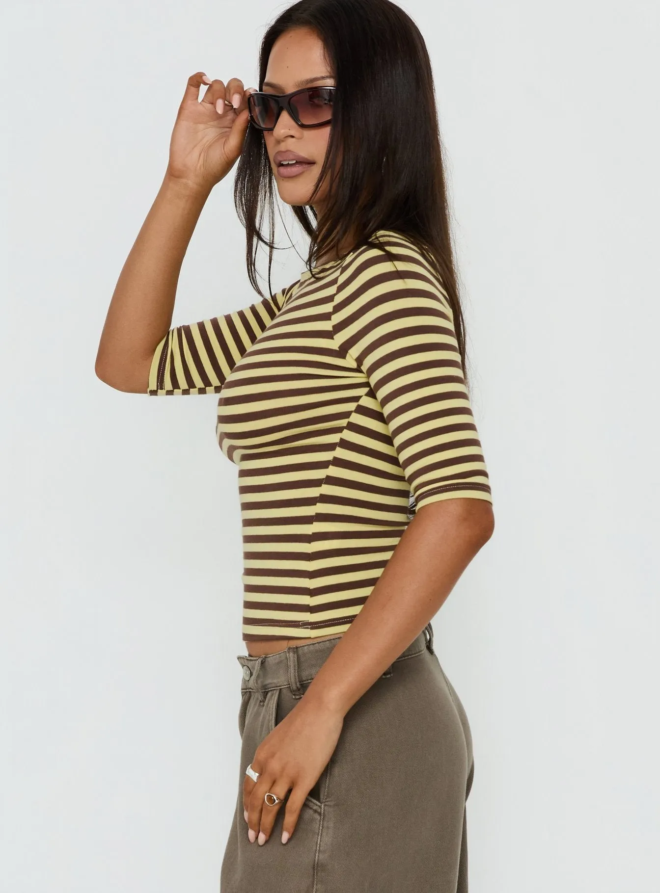 Darling Days 3/4 Sleeve Top Chocolate / Yellow Stripe sold by Princess Polly product image thumbnail 4