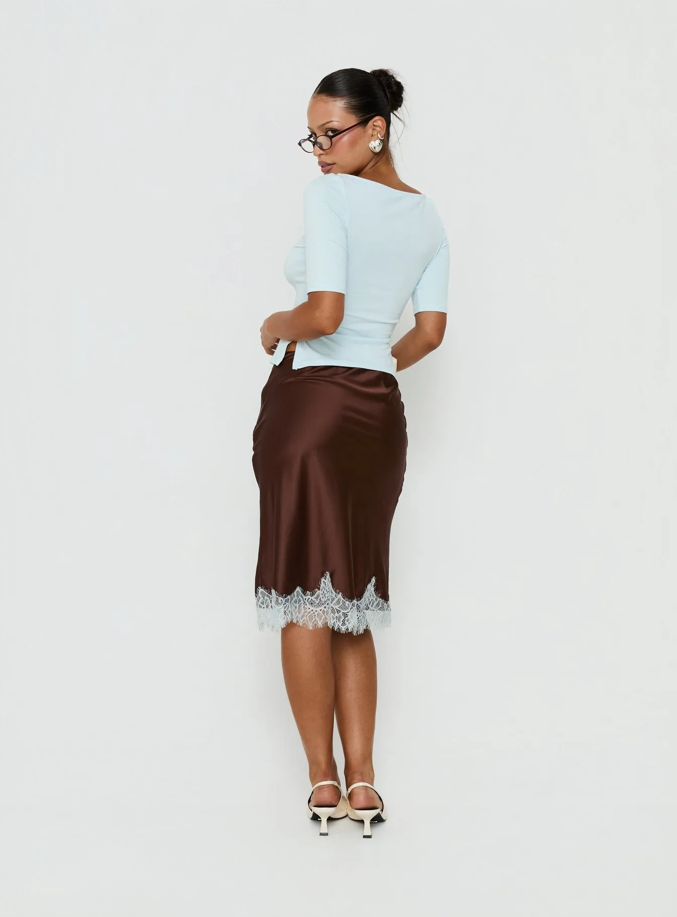 Miriza Lace Trim Midi Skirt Chocolate / Blue sold by Princess Polly product image thumbnail 5