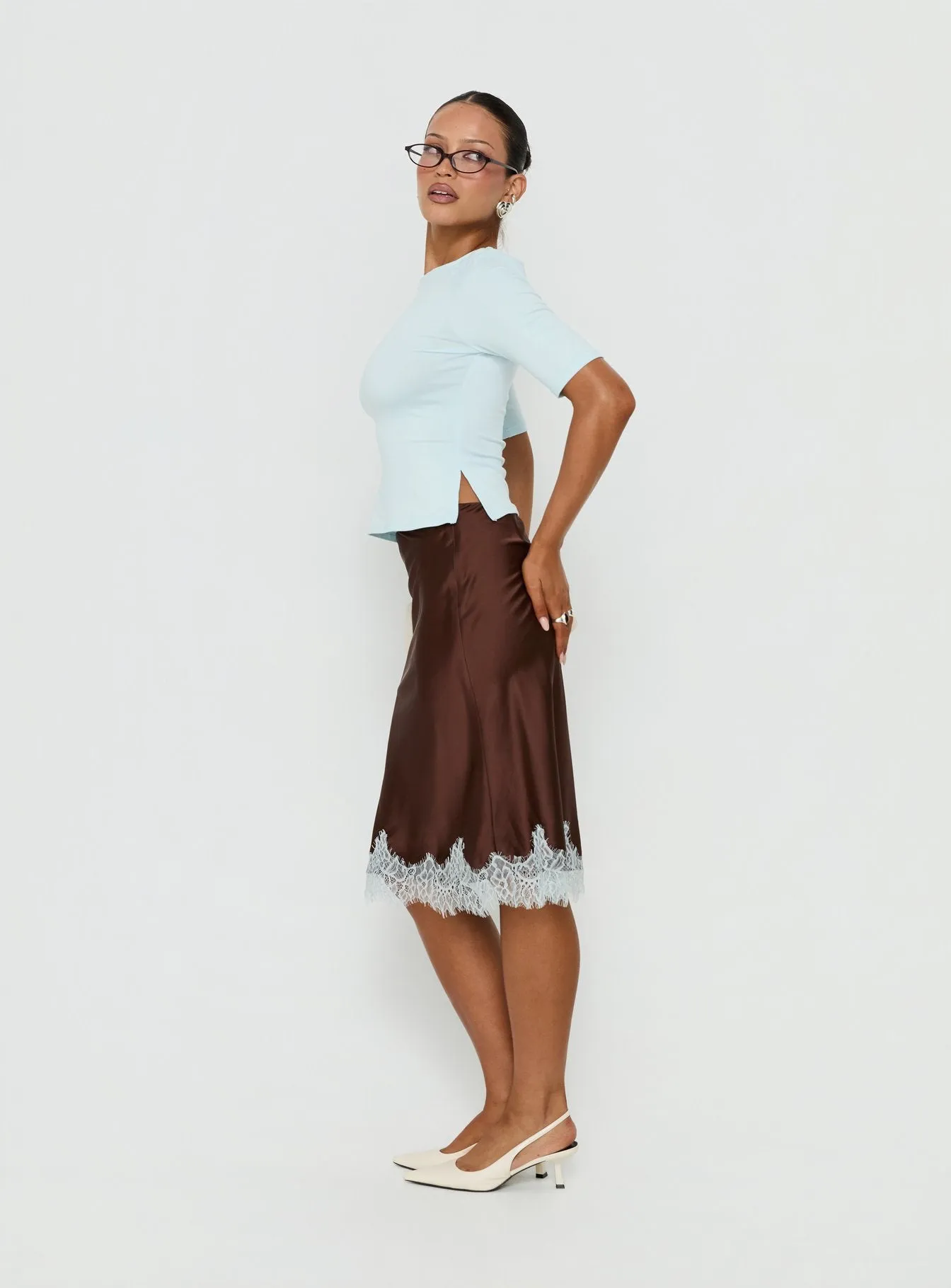 Miriza Lace Trim Midi Skirt Chocolate / Blue sold by Princess Polly product image thumbnail 4
