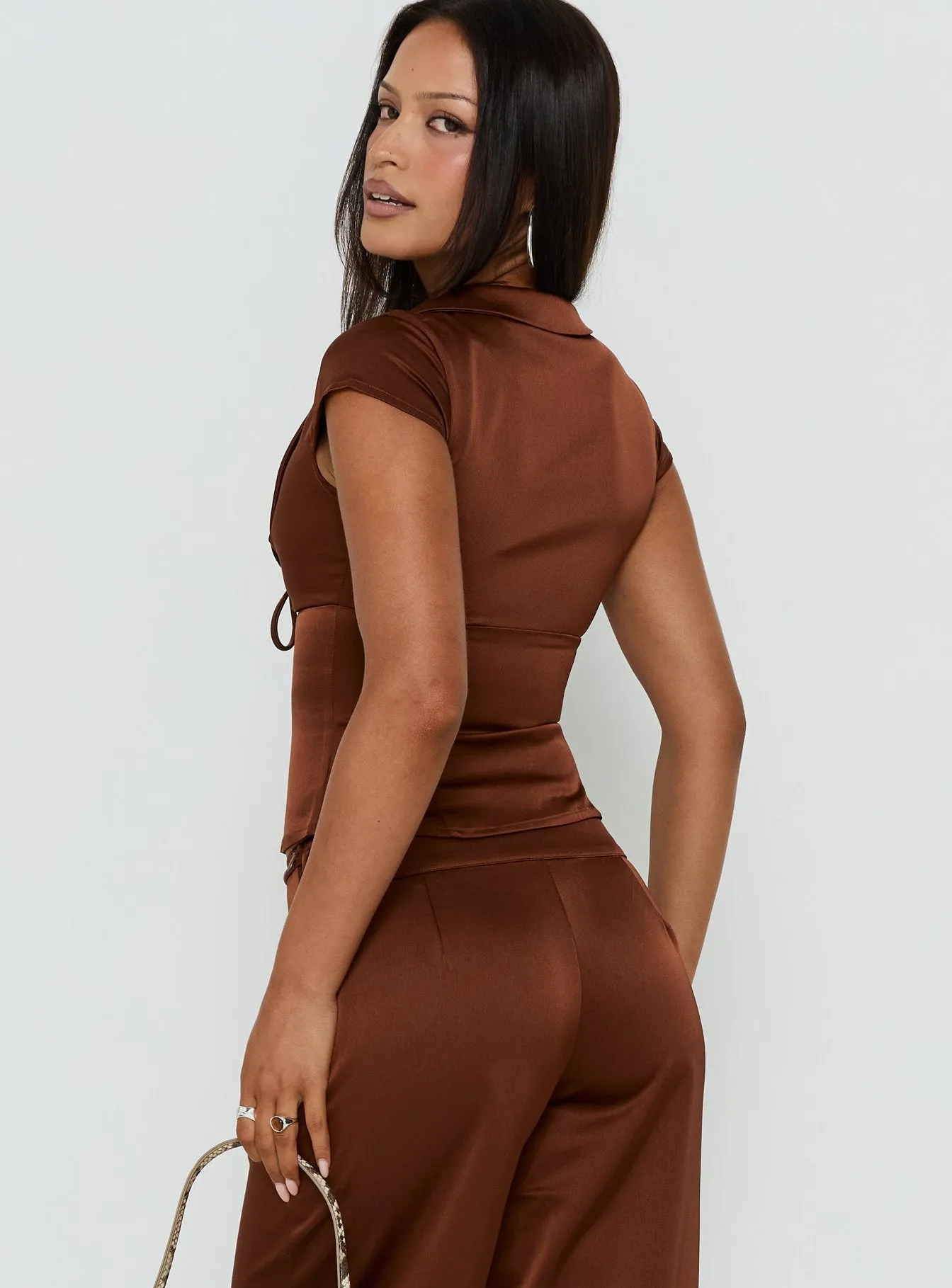 Aubrette Satin Collar Top Chocolate sold by Princess Polly product image thumbnail 5