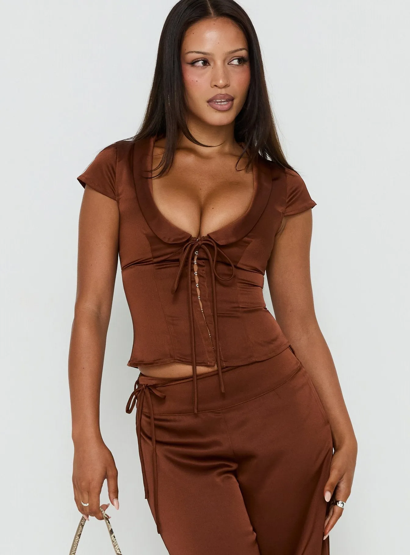 Aubrette Satin Collar Top Chocolate sold by Princess Polly product image thumbnail 2