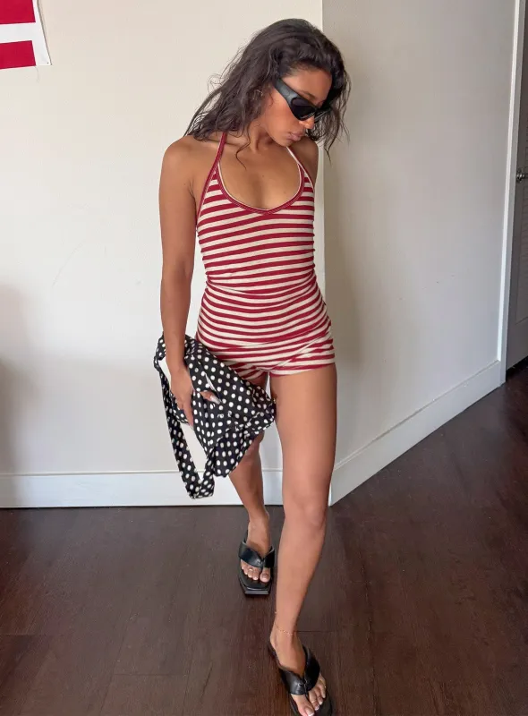 Watch Me Leave Halter Playsuit Red / White Stripe made by Princess Polly