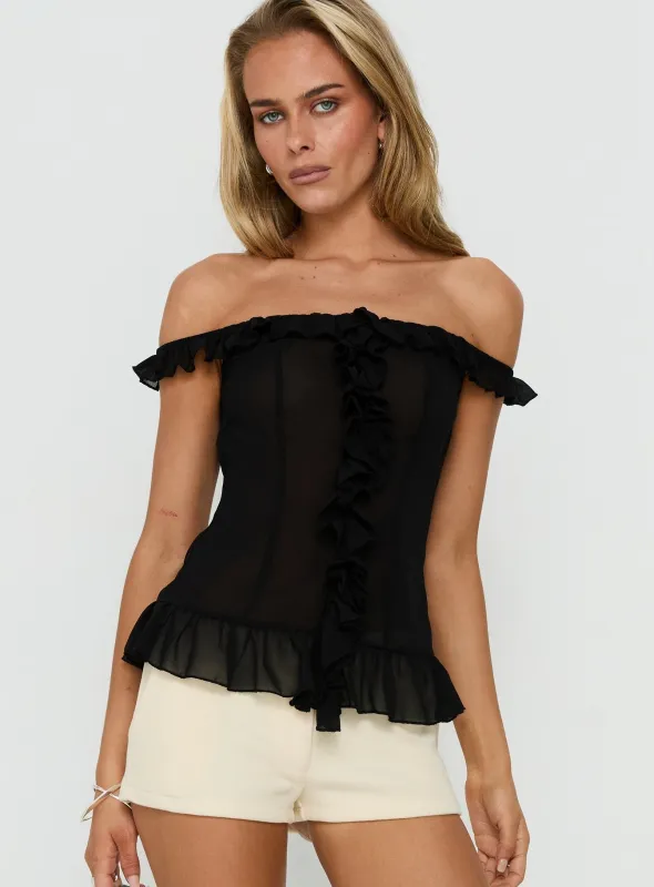 Nivelle Frill Detail Off Shoulder Top Black made by Princess Polly