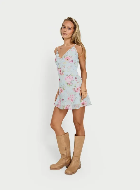 Sandia Lace Trim Mini Dress Blue Floral made by Princess Polly