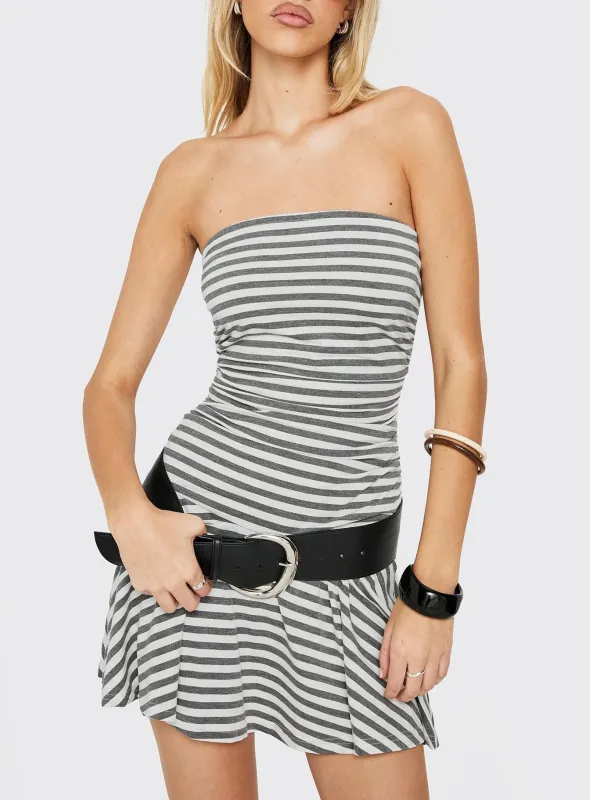 Laynuh Strapless Ruched Mini Dress Grey / White Stripe made by Princess Polly