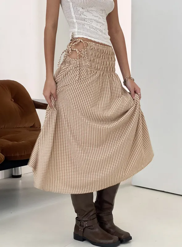 Vence Ruched Maxi Skirt Brown Gingham made by Princess Polly