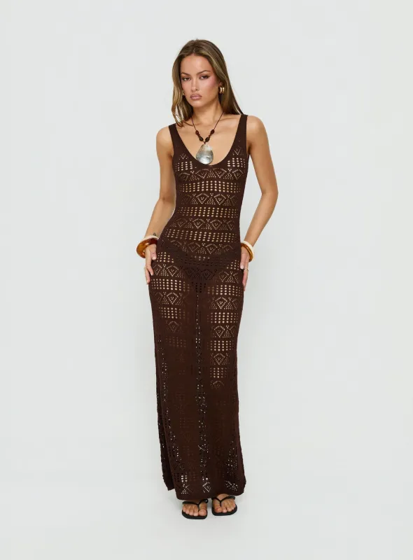 Ledena Knit V Neck Maxi Dress Chocolate made by Princess Polly