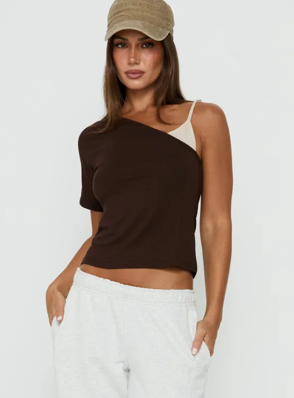 Lunea One Shoulder Contrast Top Brown / Cream made by Princess Polly