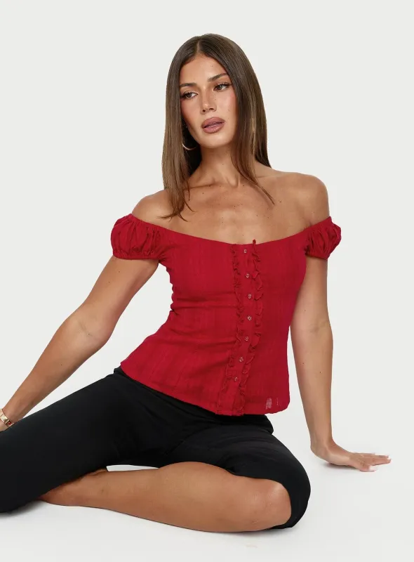 Gysella Off Shoulder Woven Top Red made by Princess Polly