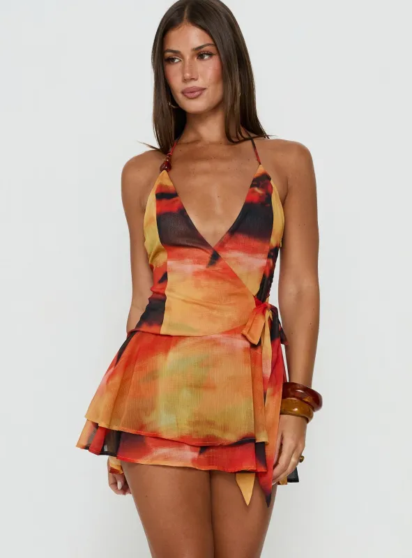 Two Tides Halter Wrap Mini Dress Sunset made by Princess Polly