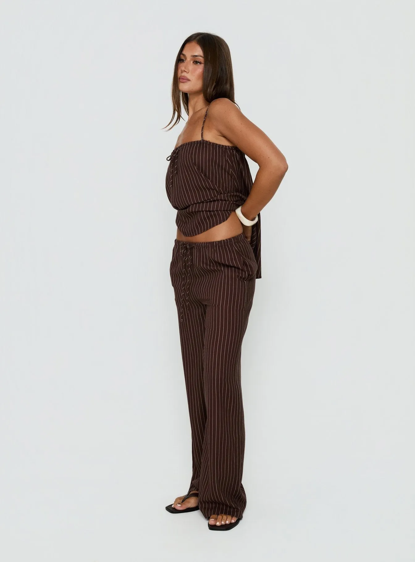 Amibella Mid Rise Wide Leg Pants Brown / Cream Stripe sold by Princess Polly product image thumbnail 3
