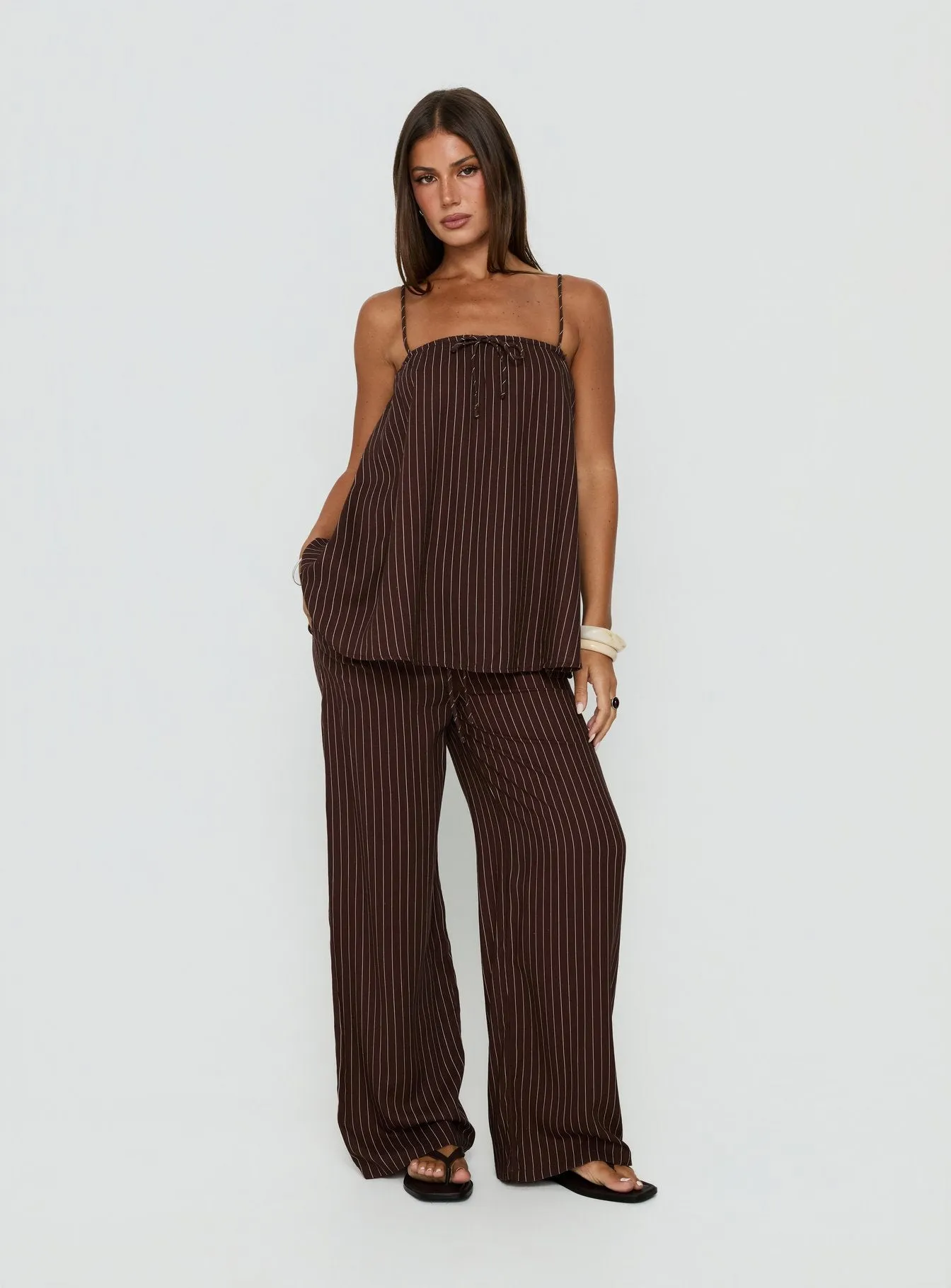 Amibella Mid Rise Wide Leg Pants Brown / Cream Stripe sold by Princess Polly product image thumbnail 2
