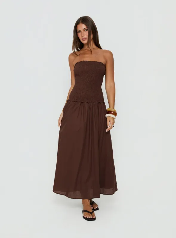 Tinsie Strapless Maxi Dress Chocolate Brown made by Princess Polly