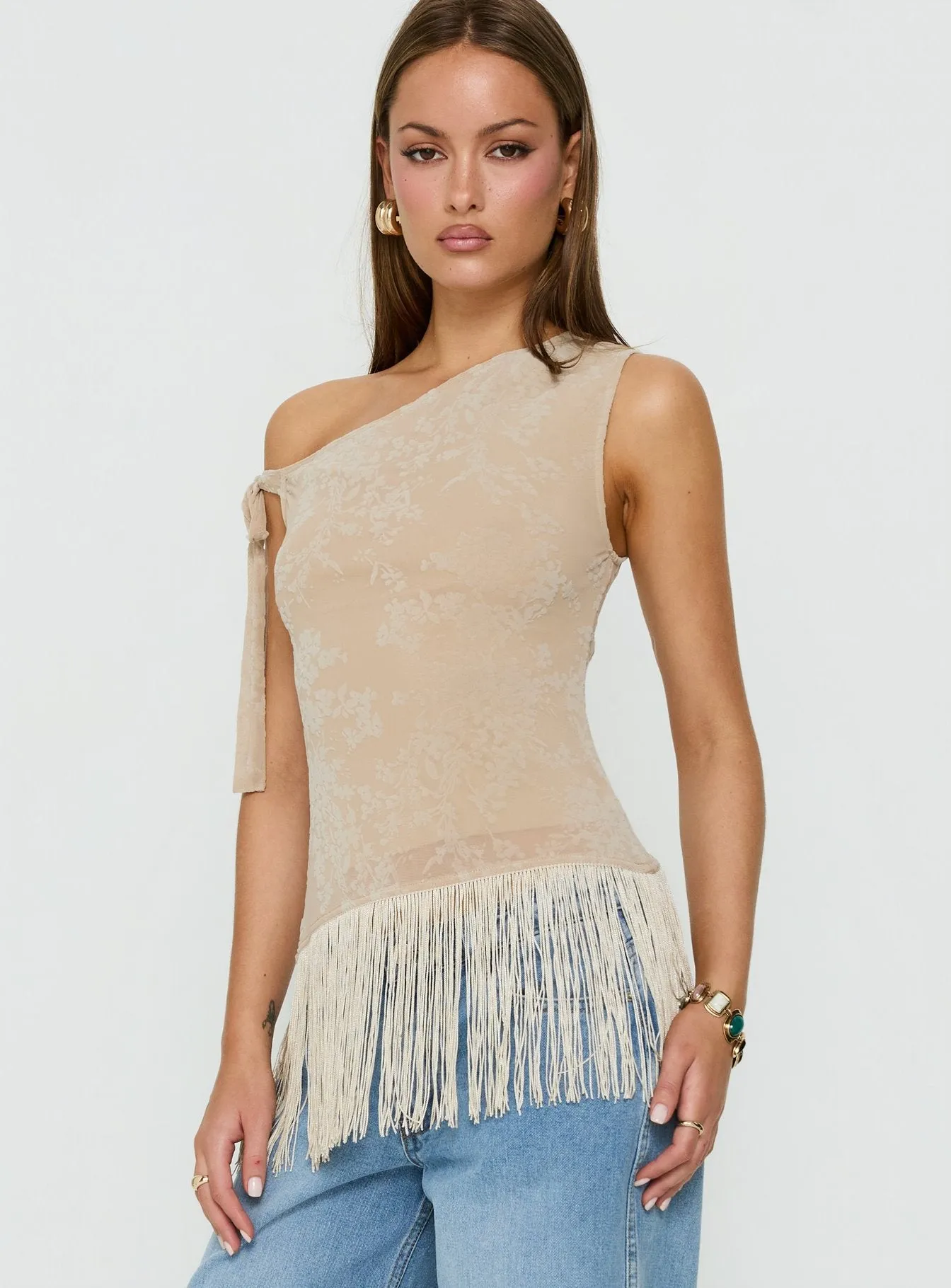 Astada One Shoulder Fringe Top Beige Floral sold by Princess Polly product image thumbnail 4