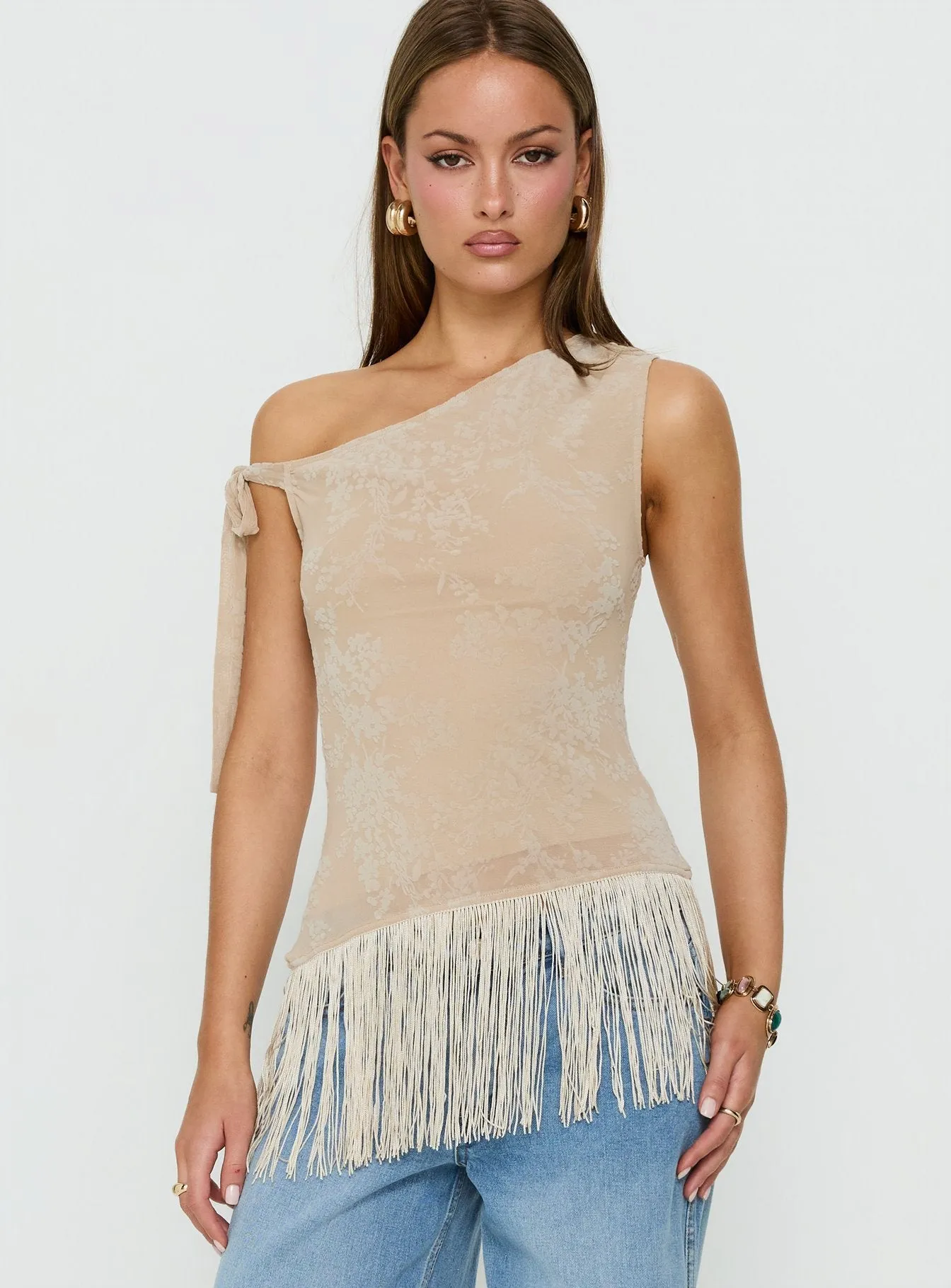 Astada One Shoulder Fringe Top Beige Floral sold by Princess Polly product image thumbnail 2